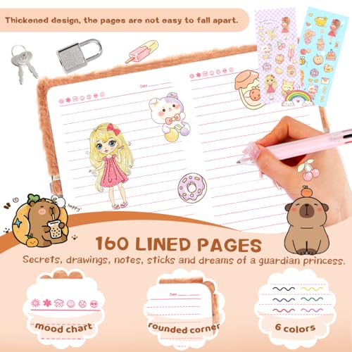 PrinBarBee Capybara Diary with Lock, Secret Journal for Girls Ages 4-12 - style: Capibara