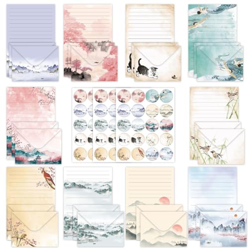 160 Pcs Stationery Paper Envelopes Set | Includes 50 Writing Paper & 50 Envelopes 60 Stickers, Ink Painting Letter Writing and Stationery Paper Envelopes(10Style) - color: Ink Painting