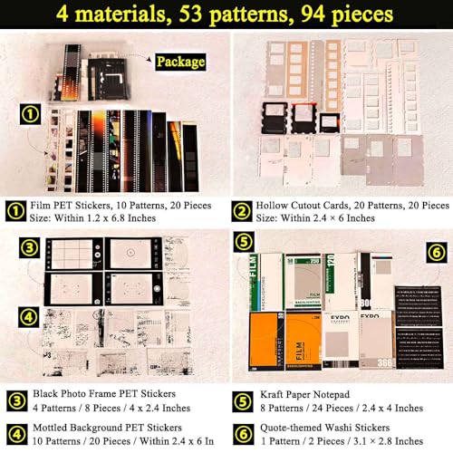 CraftBloom 94PCS Movie Film Scrapbook Paper for Journaling Supplies, Strip Photo Frame for Scrapbooking Kit, Waterproof PET Washi Quote Stickers for Bullet Junk Journal Collage Planner DIY Craft