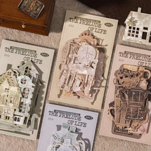 120 Pcs Aesthetic Vintage Victorian Interior Hard Card Stickers | 4 Pack Ornate Die-Cut Home Scenery Decals, Hollowed Architectural Ephemera for Junk Journaling, Scrapbooking and DIY - color: Prologue of Life