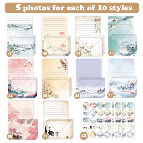 160 Pcs Stationery Paper Envelopes Set | Includes 50 Writing Paper & 50 Envelopes 60 Stickers, Ink Painting Letter Writing and Stationery Paper Envelopes(10Style) - color: Ink Painting