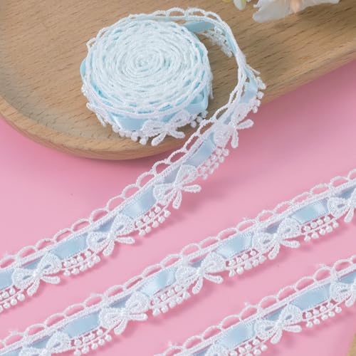 2 Yards Bow Lace Trim Ribbon, A Style, Light Blue - color: Light Blue-A style