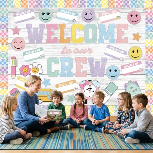 Mooliwe 94 Pcs Welcome to Our Crew Bulletin Board Set Retro Flowers Smile Face Stationery Paper Cutouts for First Day of School Classroom Wall Door Decoration(Pastel Checkered) - style: Pastel Checkered
