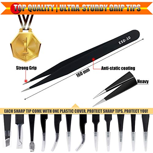 Antonki 12-in-1 Precision Metal Tweezers Set with Leather Case - color: Black