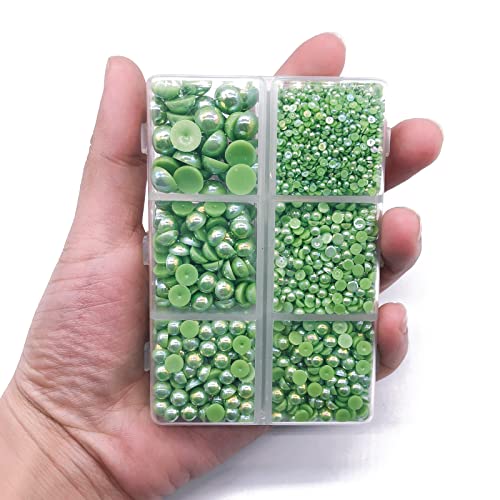 3600PCS Half Pearls for Crafts, Dark Green Flatback Pearls forTumblers Crocs Cups Scrapbooking, 2mm 3mm 4mm 5mm 6mm 8mm Faux Half Pearls, Imitation Loose Pearl Beads - color: Green AB