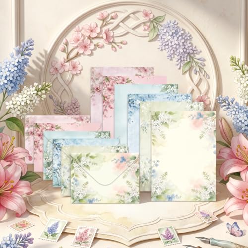 50 Pcs Stationery Paper Envelopes Set,No-Bleed Lined (6Style) | Includes 24 Writing Paper & 24 Envelopes with 24 Stickers, Flower Floral Letter Writing and Stationery Paper Envelopes - color: Soft Floral