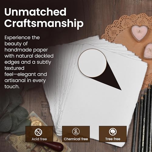 LEATHER VILLAGE Offwhite Deckled Edge Handmade Watercolor Paper 4x6 | 50 Sheets of 150 GSM thick cotton paper in natural offwhite tone for drawing, watercolor, ink, sketching and letter writing - color: White, size: 6"X4"
