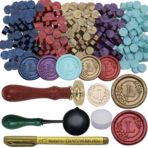 Initial Alphabet Wax Seal Stamp Set, Retro Letter L Sealing Stamp with 150Pcs Sealing Wax Beads in 5 Color, Melt Non Stick Spoon Pen Kit for Wedding and Christmas (L) - style: L