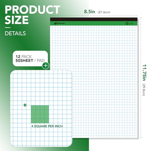 KAISA Graph Paper Legal Pads Writing Pads 6 pad 300 Sheets Recycled Paper 8.5"x11.75" Quad Ruled 4x4 Perforated 50sheets/pad Grid Paper Notepads Writing Tablet White For Office Supplies (White 6pad, 8.5x11.75'') - color: Quad White 6pad, size: 8.5x11.75in