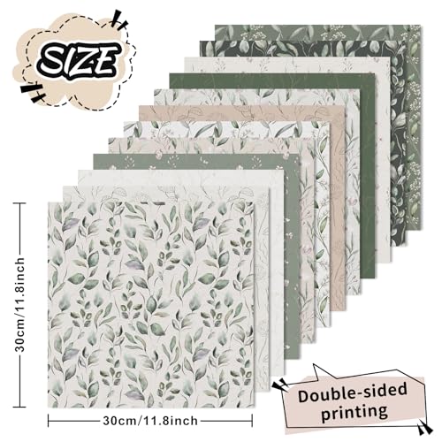 JarThenaAMCS 24 Sheet Greenery Pattern Paper Green Eucalyptus Leaves Scrapbook Specialty Paper Vintage Decoupage Double Sided Decor Craft, New Born Gender Reveal Baby Bridal Shower Junk Journal
