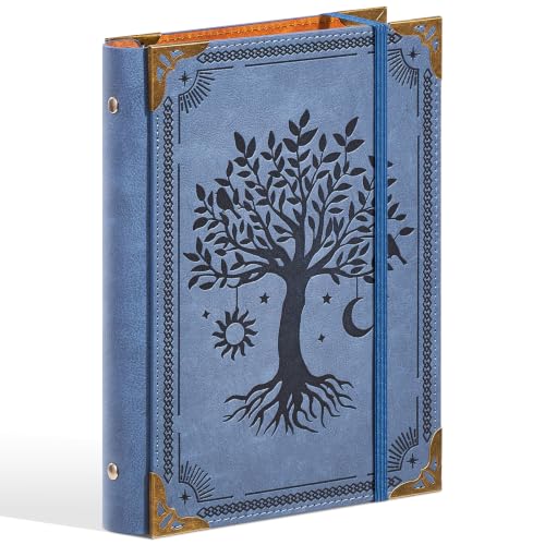 Ovesmusl PU Leather A5 Binder 6 Ring Refillable Journal Cover No Refill Paper A5 Planner Binder Loose Leaf Binder for Notebook 5.7”x8.3” with Elastic Closure, Blue Tree - color: Blue Tree, size: A5 Binder Cover