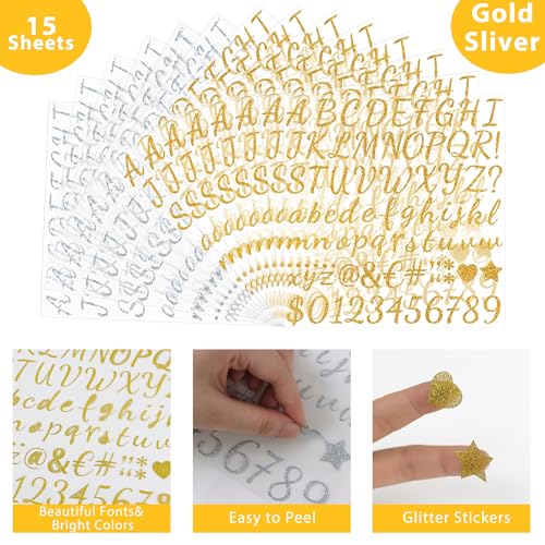 1245Pcs Gold Letter Stickers 15 Sheets Alphabet Stickers 1inch(Gold/Silver) - color: Gold/Silver