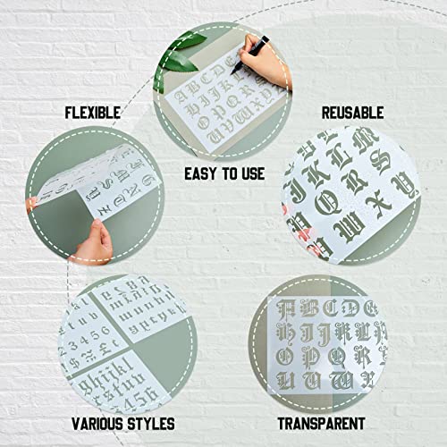 8Pcs Calligraphy Letter Stencils Gothic Font Alphabet Number for DIY Crafts | 8 pcs, Plastic Reusable Templates, ,10 x 6 inch,Scrapbook Card Making, Drawing Painting Projects, Classic Script Style
