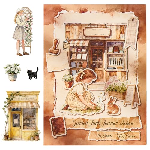310 Pcs Cottagecore Girl Washi Stickers, Vintage Junk Journal Supplies, Aesthetic Garden Theme Scrapbooking Stickers for Teens Adults DIY Crafts - color: Pastoral Girls