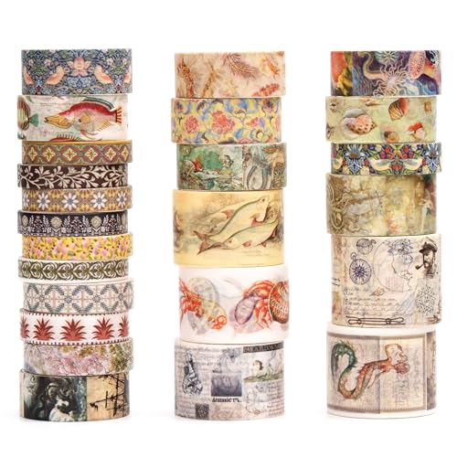 Vintage Washi Tape Set - 24 Rolls Arts Adhesive Tapes Assorted Retro Decorative Masking Tape Sets for Craft, Kids, Scrapbook, DIY, Gift Wrapping (3-Ocean Odyssey) - color: 3-Ocean Odyssey