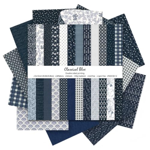 Boho Scrapbook Paper 12x12 - 24 Sheets Flower Patterned Cardstock Paper Pads,Coloured Double-Sided Decorative Craft Papers Pack for Scrapbooking, Junk Journaling, and Card Making (Classical Blue) - color: Classical Blue