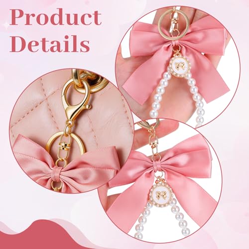 Large Pink Bow Pearl Keychain Set, Elegant Bag Charm with Ribbon and Faux Pearls, Cute Metal Key Ring for Handbags Backpacks Purse Keys, 12 Pieces