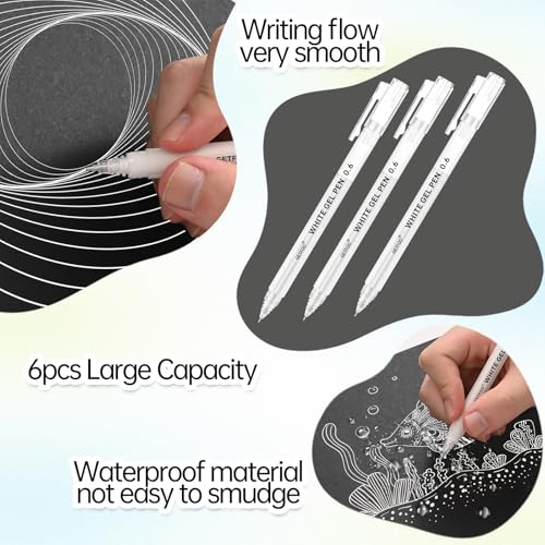 6 Pack White Gel Pens, 0.6mm Fine Point, Archival Opaque White Ink | White Fine Tip Ink Pens, for Art Coloring Drawing Sketching, Adult Coloring Books, Card Making, Journaling, Illustration - size: 0.6mm