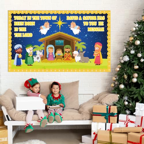 Christmas Nativity Religious Bulletin Board Christian Classroom Decoration Religiou Nativity Scene Cutout Jesus Birth Bulletin Board Church Sunday School VBS Cutouts for Home School Party Supplies - style: Christmas Nativity