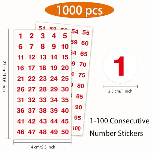 1 Inch Number Sticker, Waterproof Round Consecutive Number Stickers 1-100, White&Red Small Number Sticker Vinyl Decals for Office, Classroom, Storage, Inventory, Indoor, Outdoor - color: White&red, size: 1 inch