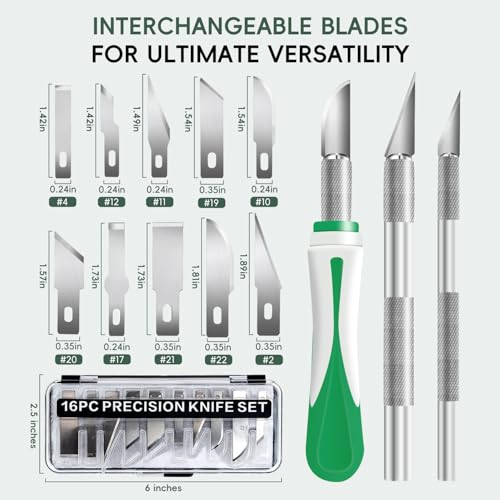 16 Pcs Professional Craft Knife Set, Precision Craft Knife with Assorted Blades, Razor Sharp with Case for Carving, Wood, Modeling, DIY, Scrapbooking, and Art Projects (Green)