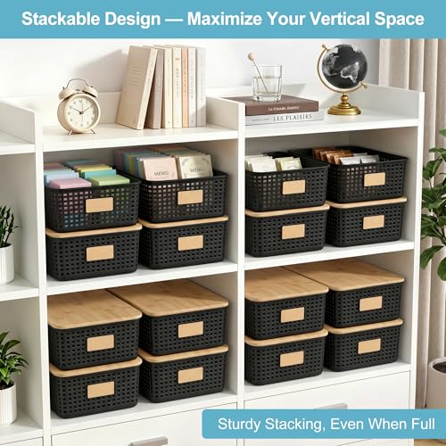 Bagnizer 4 Pack Plastic Storage Bins with Bamboo Lids, 6.2qt Stackable Storage Organizer Box with Lable for Pantry Shelves Drawers Desktop Office, 12"L x 8.3"W x 3.5"H, Black - color: Black, size: Shallow- 4 Pack