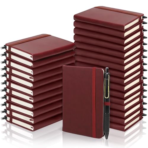 Aodaer 50 Sets Pocket Notebook Journal with Pens, 160 Pages, 3.5 x 5.5 Inch Mini Lined Journal Notebook A6 Leather Hardcover College Ruled Notepad with Pen Holder for School Office Gifts, Burgundy - color: Burgundy