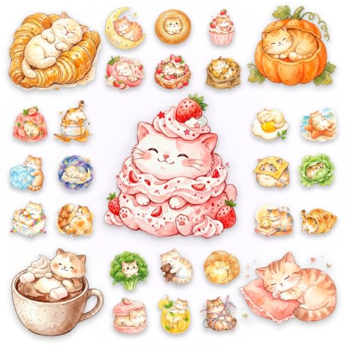 100 Pcs Cute Food Stickers, Transparent Cartoon Animal Stickers - color: Cat & Food-themed Stickers