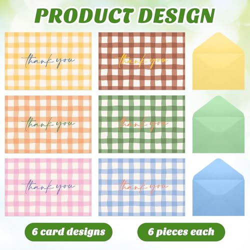 Eaasty 36 Pcs Summer Thank You Cards with Envelopes,Gingham - style: Gingham