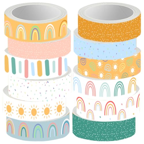 Boho Washi Tape Set 12 Rolls Back to School Cute Bohemian Rainbow Washi Tape 15mm Rainbow Sun Masking Sticker for DIY Crafts Scrapbook Journal Planner Gift Wrapping - color: Boho
