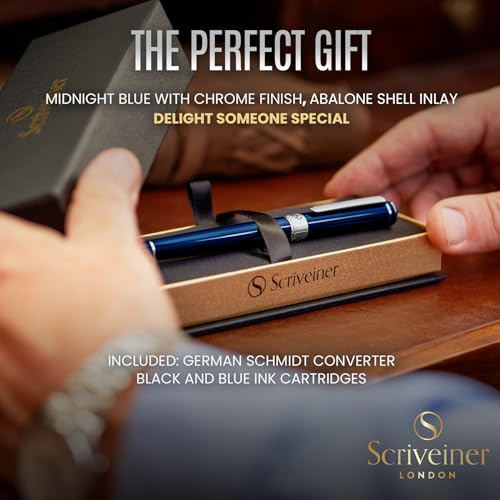 Scriveiner Midnight Blue Fountain Pen - Stunning Luxury Pen with Chrome Appointments, Schmidt Nib (Fine), Best Pen Gift Set for Men & Women, Professional, Executive, Office, Nice Pens - color: 11. Midnight Blue with Chrome, style: Fine Nib