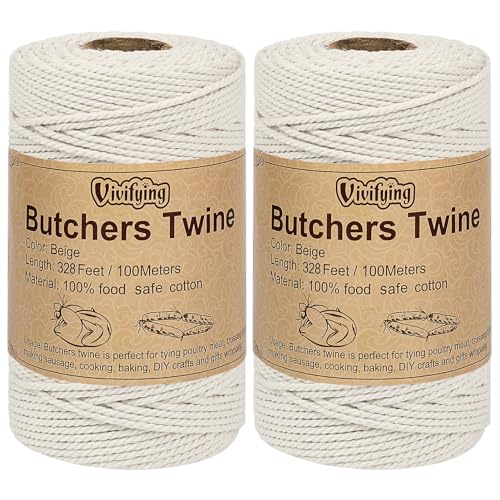 Vivifying Butchers Twine, 2pcs x 328 Feet 2mm Food Safe Cotton Bakers String for Tying Meat, Trussing Turkey, Making Sausage, Roasting, Cooking, Wrapping and Packing(Beige) - size: 2pcs×328feet/2mm