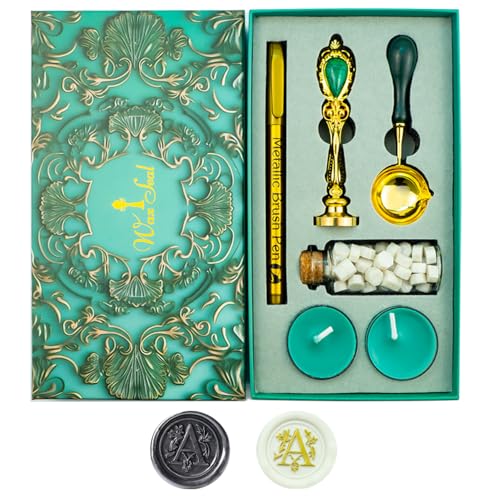 Letter Wax Seal Stamp, Ioggtser Alphabet A Wax Seal Stamp Set Including 1Pcs Copper Head with Iron Handle, 60 Pcs Wax Seal Beads, 1Pcs Wooden Melting Spoon, 2Pcs Candles, 1Pcs Wax Seal Pen - style: Letter A set