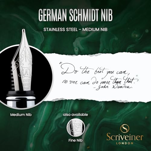 Scriveiner British Racing Green Fountain Pen - Stunning Luxury Pen with Chrome Finish, Schmidt Nib (Medium), Best Pen Gift Set for Men & Women, Professional, Executive, Office, Nice Pens - color: 10. British Racing Green with Chrome, style: Medium Nib