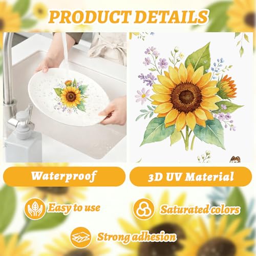 Rub On Transfers for Crafts, 3pcs Sunflower Theme Transfers UV DTF Stickers Waterproof Decals for Wood Door Window Cup DIY Home Decor - color: Sunflowers