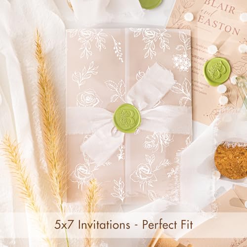 50 Pack Pre-Folded Vellum Jackets for 5x7 Invitations,AZAZA Translucent Invitation Sleeves,115GSM Vellum Jackets 5x7, Wedding Invitation Accessories,for Weddings Birthdays,Botanical Flower Pattern - color: 50Pack--White Botanical Flower Pattern