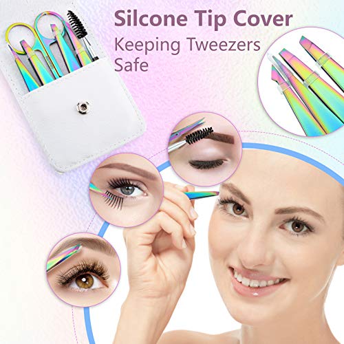 Honoson 6 Pcs Eyebrow Tweezers Set for Women Precision Tweezer for Eyebrows with Curved Scissors Eyelash Brush Girls Facial Hair Plucking Daily Beauty Tools with Leather Storage Case(Rainbow Color) - color: Rainbow Color