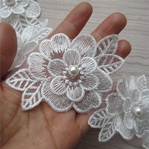 2 Yards 3D Flower Lace Trim Pearl Embroidered Polyester Lace Ribbon Fabric Applique Patchwork for Wedding Dress Handmade DIY Sewing Craft Supplies Decoration (White) - color: White