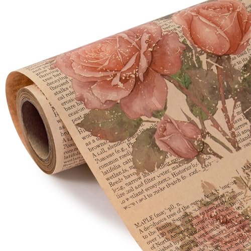 WRAPAHOLIC Kraft Vintage Floral Wrapping Paper - Mini Roll - 17 Inch x 16.5 Feet - Retro Rose Flower Letter Print Newspaper Kraft Wrapping Paper for Birthday, Wedding, Bridal Shower, Anniversary - color: Floral Letter - Red