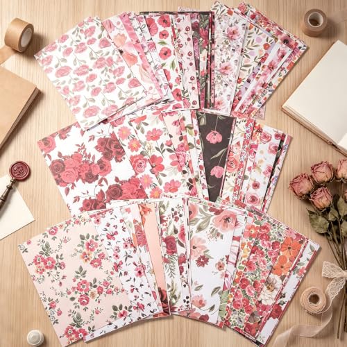100 Pcs Watercolor Flowers Textured Paper,Craft Paper Kit，Decorative Paper，for Junk Journal Supplies，DIY Collage，Decoupage Card Making Supplies，Collage Background (Red) - color: Red
