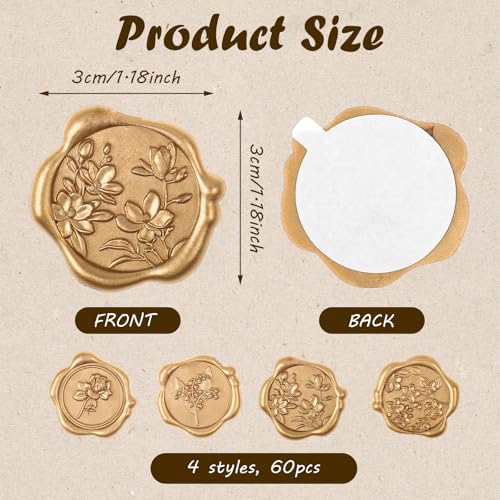 WSICSE Wax Seal Stickers, 60 Pack, Light Gold, 1.2Inch, 4 Styles - color: 4 Flower Styles- Light Gold