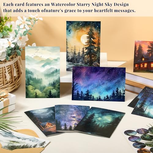 Motiskyy 100 Pcs Whimsical Watercolor Illustration Starry Night Sky Blank Greeting Cards 4x6, Blank Cards, 10 Designs Stationary Set for All Occasions with Matching Rustic Envelopes and Stickers - style: Whimsical Watercolor