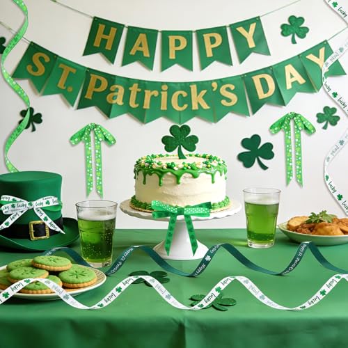 DECYOOL St Patricks Day Ribbon 3/8" Wide 60 Yards Shamrock Grosgrain Ribbon - color: Green, White