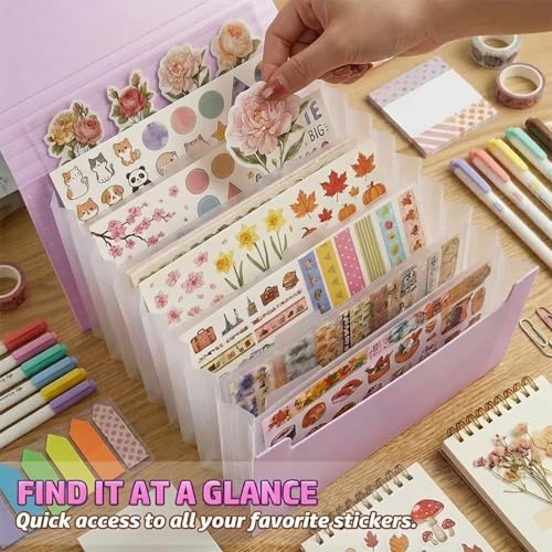 Sticker Storage Organizer with 7 Expandable Pockets, Multi-Layer Desktop Sticker Binder for Scrapbook Essentials and Journal Organizer, Large Capacity for Thick Sticker Album, Washi Tape(Light Purple) - color: purple