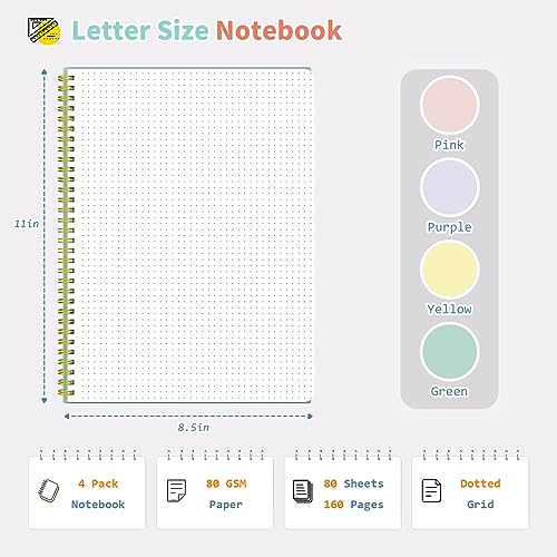 Umriox 4 Pack Dotted Spiral Notebook, 8.5" x 11" Dot Grid Journal Notebook, 160 Pages Spiral Bound Notebook with Sticky Notes, Journal for Writing Drawing Women Men Work School - size: 8.5 x 11 in, style: Dotted