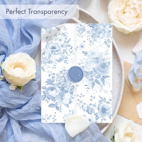 50 Pack Pre-Folded Vellum Jackets for 5x7 Invitations,AZAZA Translucent Invitation Sleeves,115GSM Vellum Jackets 5x7, Wedding Invitation Accessories,for Weddings Birthdays,Green Watercolor Palm Tree,Blue Watercolor Floral Pattern - color: 50Pack--Blue Wat