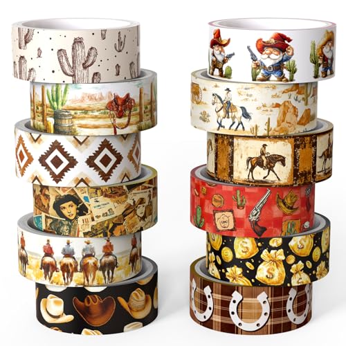 12 Rolls Washi Tape Set, Western Cowboy Themed Decorative Tape Vintage Desert Masking Tape for Journaling Supplies, Junk Journal, Scrapbooking, DIY Arts & Crafts Supplies