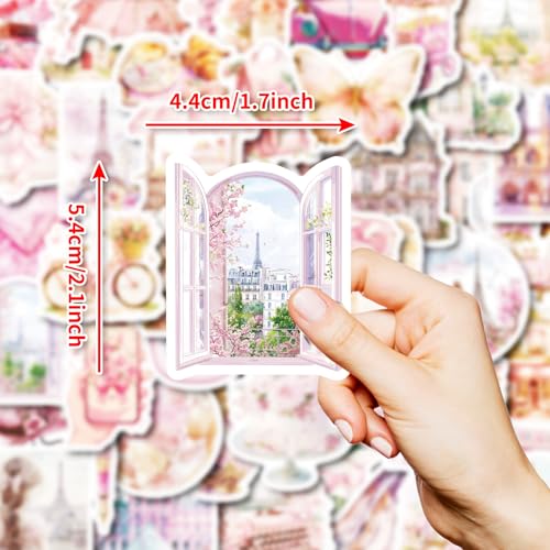 50 Pcs Pink Paris Aesthetic Stickers for Gril, Watercolor French Travel Stickers, Cute Parisian Vinyl Decals for Laptop, Water Bottle, Journal, Scrapbooking, Paris Lovers Gifts - color: Paris