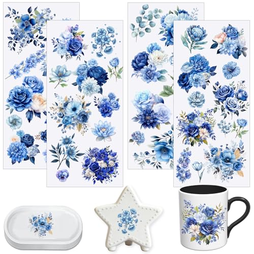 4 PCS Blue Floral Cuttable UV DTF Stickers - style: blue floral