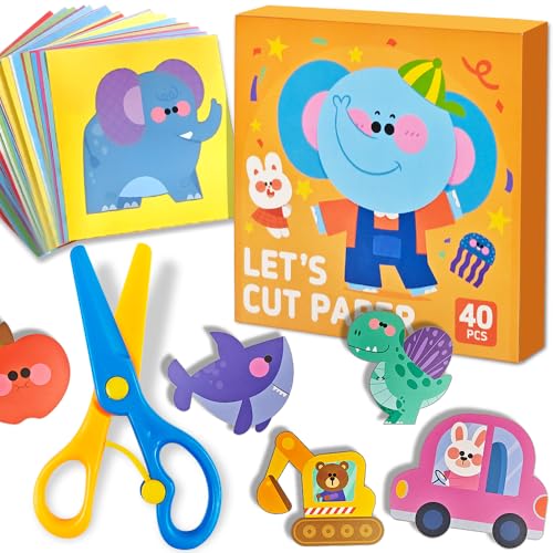 Flamax Scissor Skills Activity Book Craft Scissors Set Includes Safety Scissor & 40 Colored Cardstock Paper Templates, Safety Scissors for Kids Ages 2-4, Colored Cardstock Paper - color: Animal